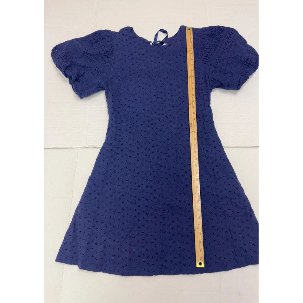 Free People Eyelet Mini Dress Large Navy Blue Open Back Puff‎ Sleeve Cottagecore